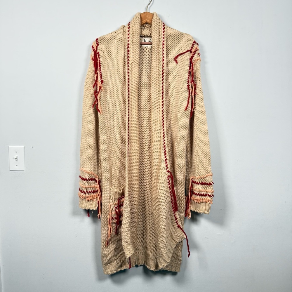 For Love And Lemons Denver Knitz Beige and Red Fringe Cardigan, Size L